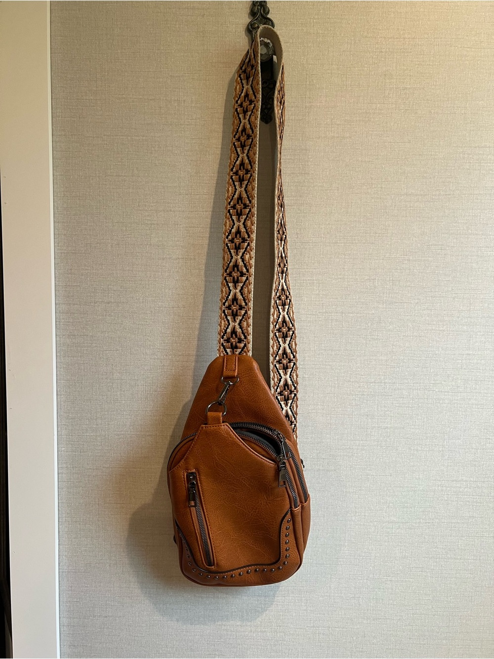 Tan Leather Crossbody Sling Bag with Patterned Strap